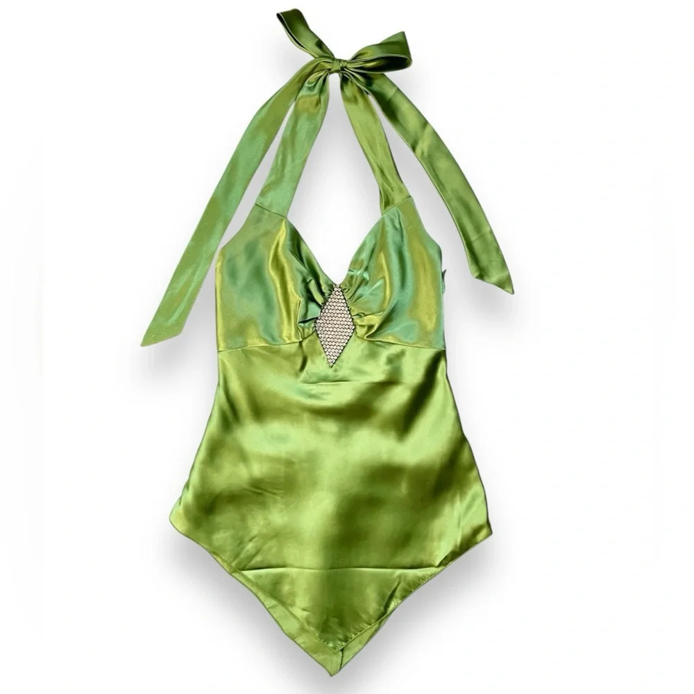 Vintage Jessica McClintock for Gunne Sax Satin Rhinestone Keyhole Y2K Halter Top